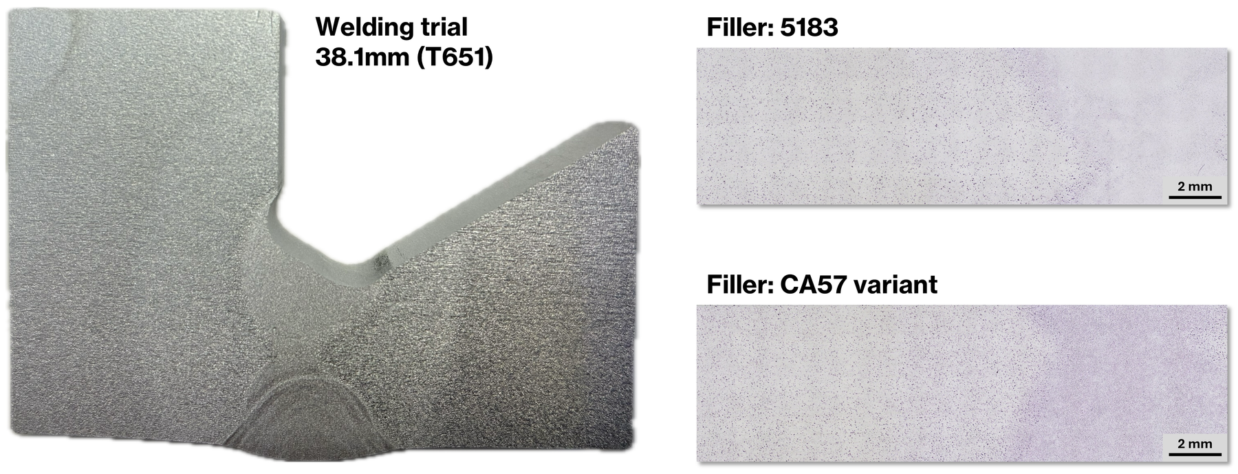 Weld macro section on 38.1 mm plate (T651) and micrographs of the fusion zone for 5183 filler and a CrossAlloy.57-based filler variant.